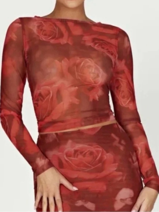 Meshki Tops - Sheer Red Rose-Print Long Sleeve Top and Skirt